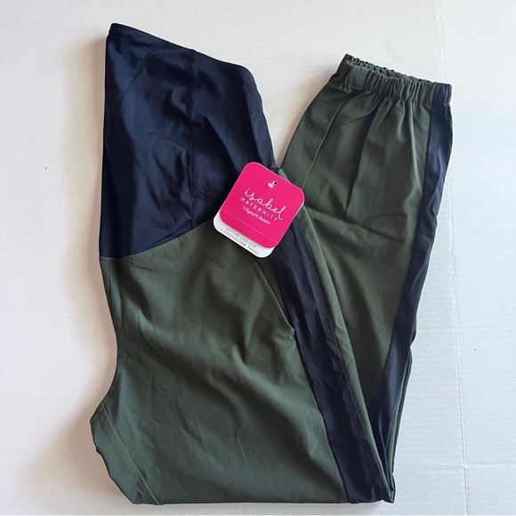 Isabel Maternity Green Over Belly Joggers Workout Pants Woven Women XS New - Picture 2 of 8